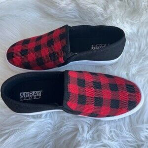 🆕 Array Sport Women's Slip-On Sneakers Red & Black Buffalo Plaid Size 8